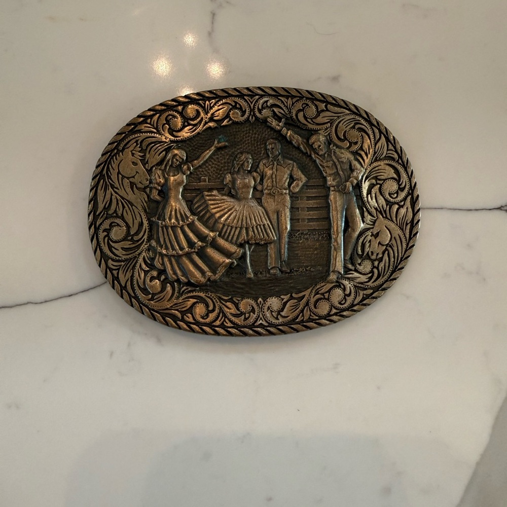 Vintage Solid Brass Western Belt Buckle with Dancing Figures